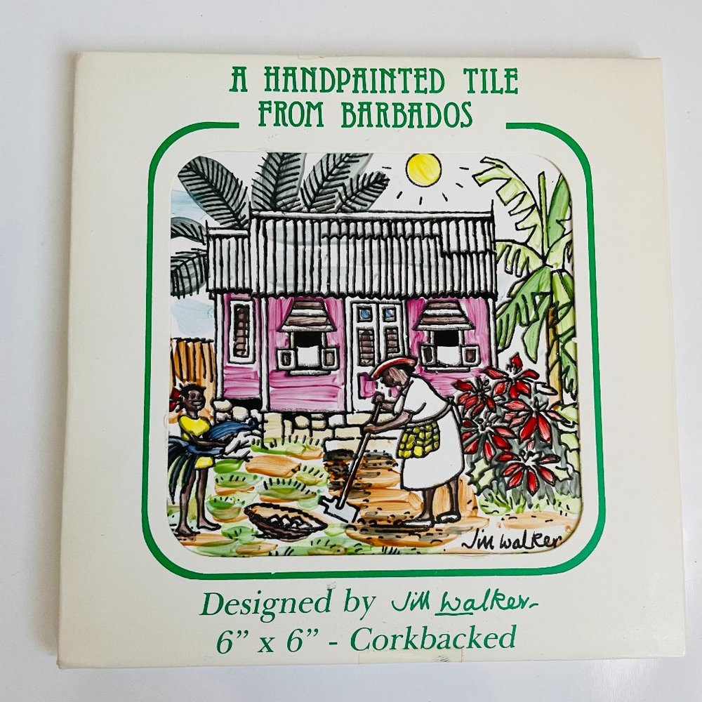 Vintage Jim Walker Handpainted Tile Barbados Cottage Woman Gardening 6x6”